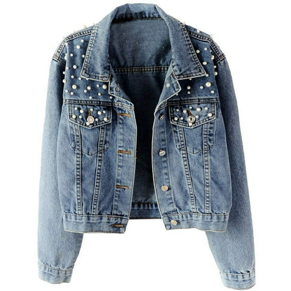 Women Oversized Denim Jacket Embroidered - Beading Jeans Coat Blue L