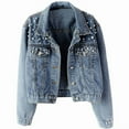 thumbnail image 1 of Women Oversized Denim Jacket Embroidered - Beading Jeans Coat Blue L, 1 of 4