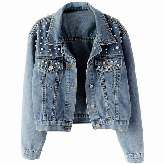 Women Oversized Denim Jacket Embroidered - Beading Jeans Coat Blue M
