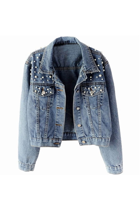Women Oversized Denim Jacket Embroidered - Beading Jeans Coat Blue XL