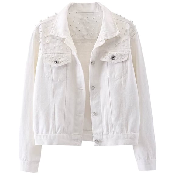 Women Oversized Denim Jacket Embroidered - Beading Jeans Coat White L