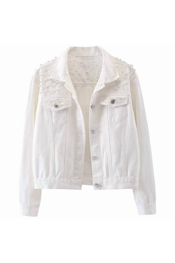 Women Oversized Denim Jacket Embroidered - Beading Jeans Coat White L