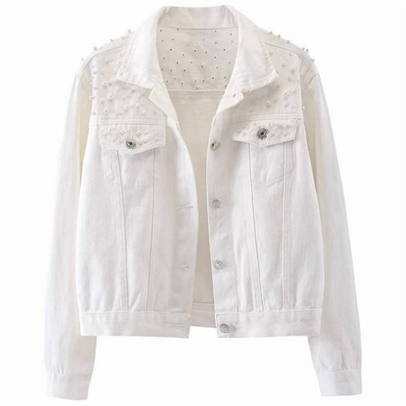 Women Oversized Denim Jacket Embroidered - Beading Jeans Coat White M