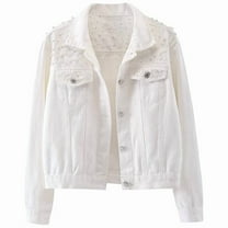 Women Oversized Denim Jacket Embroidered - Beading Jeans Coat White XL