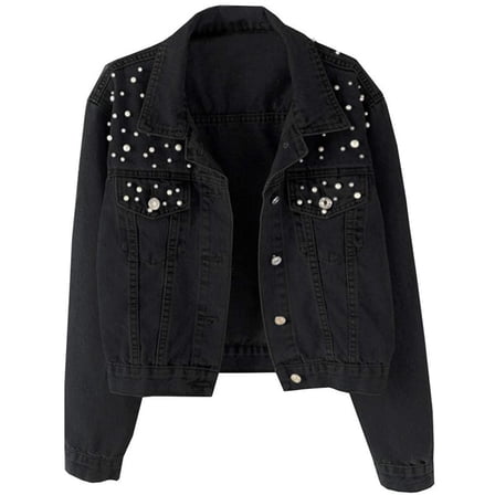 Women Oversized Denim Jacket Embroidered Pearls- Beading Jeans Coat Black M
