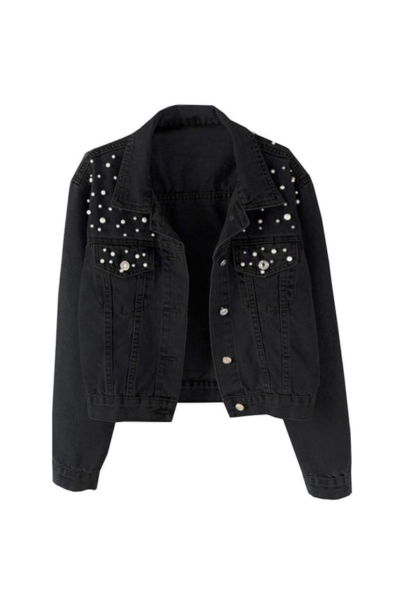 Women Oversized Denim Jacket Embroidered Pearls- Beading Jeans Coat Black M
