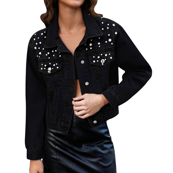 Women Oversized Denim Jacket Embroidered Pearls Beading Color: Black Size: XXL