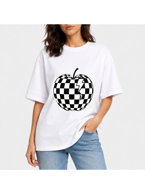 Women Oversized Drop‑Shoulder Cotton T‑Shirt, Retro Checkered Crack Apple Lightning Bolt Casual Tee