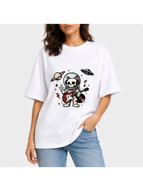 Women Oversized Drop‑Shoulder Cotton Tee, Space Cat‑Skeleton Astronaut Guitar UFO Planet Star Cosmic Casual T‑Shirt