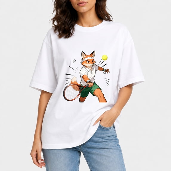 Women Oversized Drop‑Shoulder T‑Shirt, Cartoon Sport Tennis Fox Athlete Illustration Cotton Casual Tee