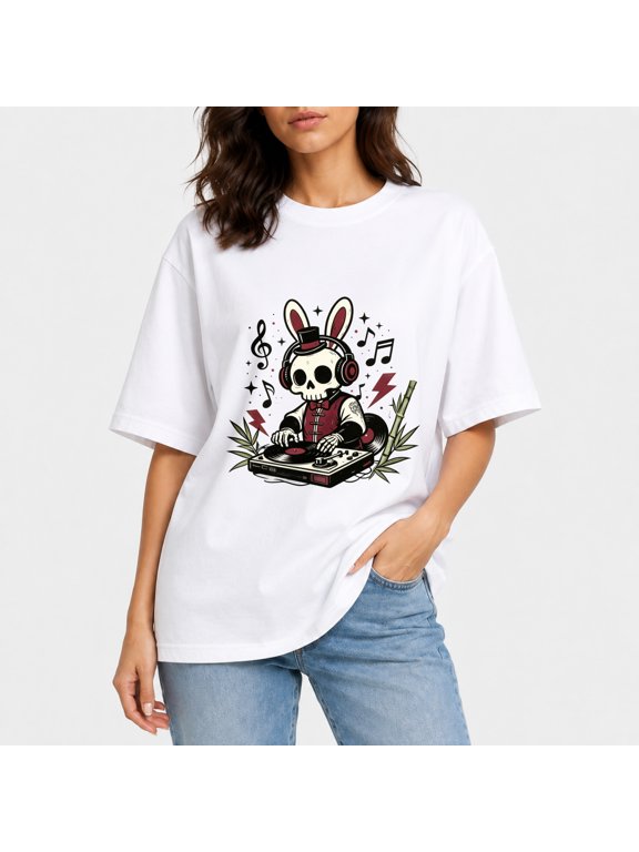 Women Oversized Drop‑Shoulder Tee, Cartoon Bunny Skeleton DJ Turntable Bamboo Music Note Retro Cotton Casual T‑Shirt