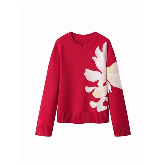 Women Oversized Flower Sweaters Crew Neck Cute Knit Fall 2025 Trendy Long Sleeve Floral Pullover Jumper Tops Red S