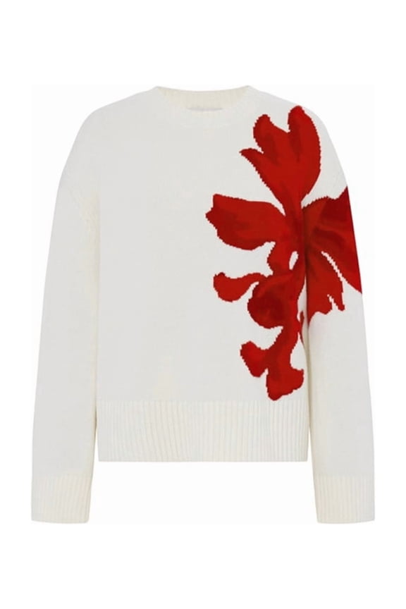 Women Oversized Flower Sweaters Crew Neck Cute Knit Fall 2025 Trendy Long Sleeve Floral Pullover Jumper Tops White XXL