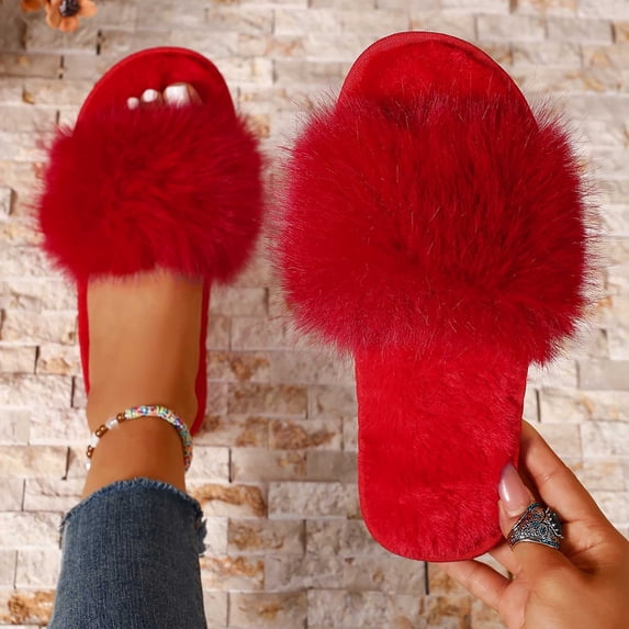 Women Oversized Fluffy Faux Fur Open Toe Indoor Slide Slippers Red 9-9.5