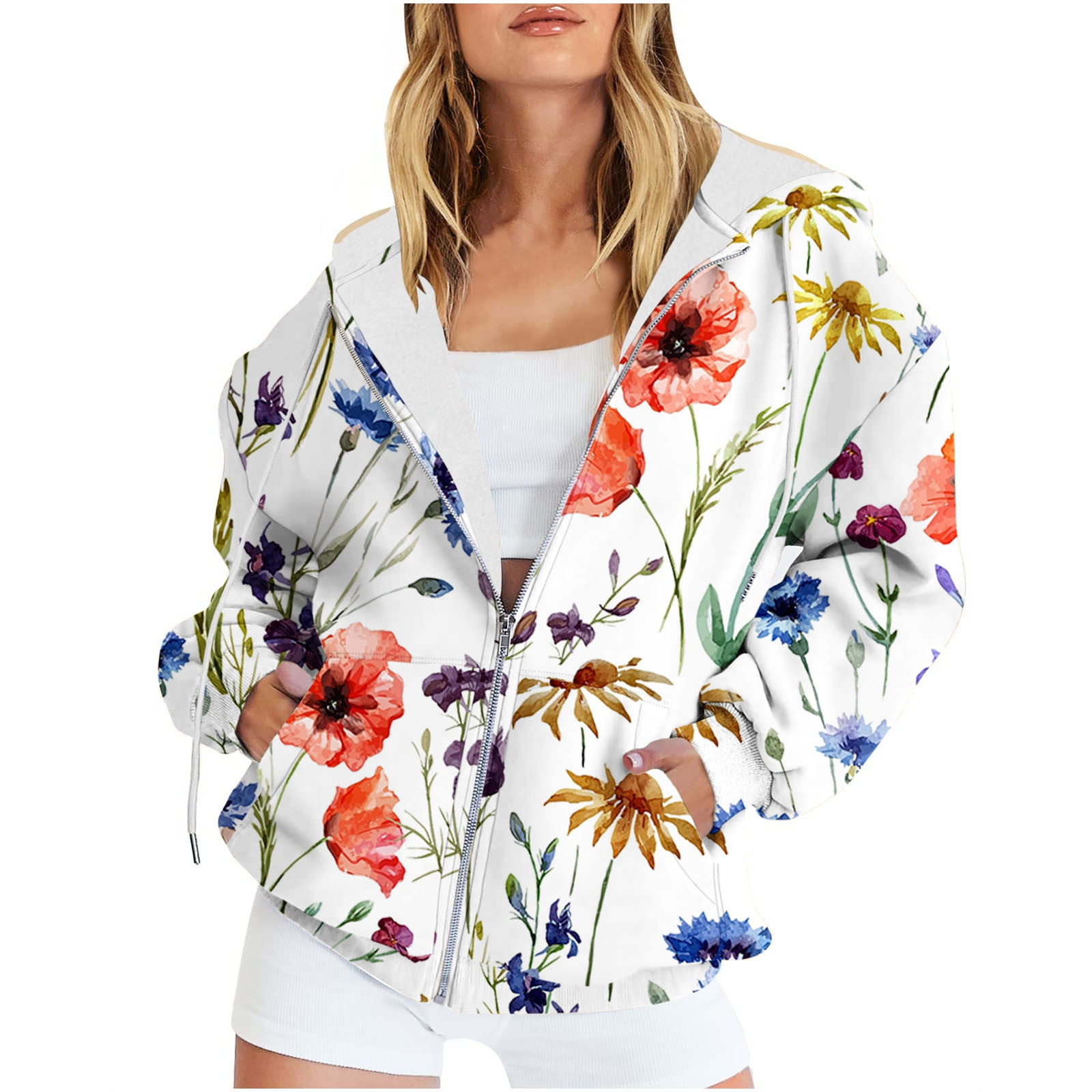 Women Oversized Full Zip up Hoodie Jackets with Pockets Floral