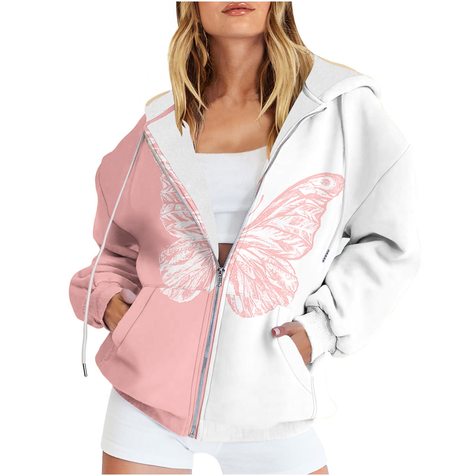 Women Oversized Full Zip up Hoodie Jackets with Pockets Floral Print Graphic Zipper Hooded Sweatshirt Outwear S 3XL 3X Large Pink