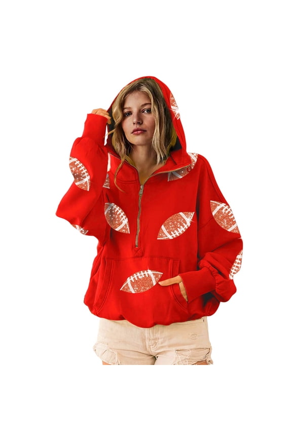 Women Oversized Game Day Hoodies Long Sleeve Half Zipper Pullover Sequins Football Print Sweatshirt with Kangaroo Pocket