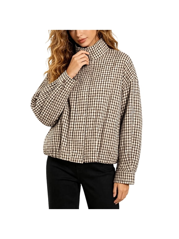 Women Oversized Gingham Jacket Zip Up Stand Collar Casual Coat Spring Fall Clothes (Brown M)