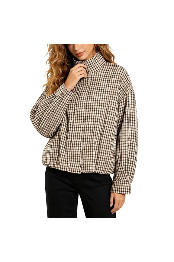Women Oversized Gingham Jacket Zip Up Stand Collar Casual Coat Spring Fall Clothes (Brown S)