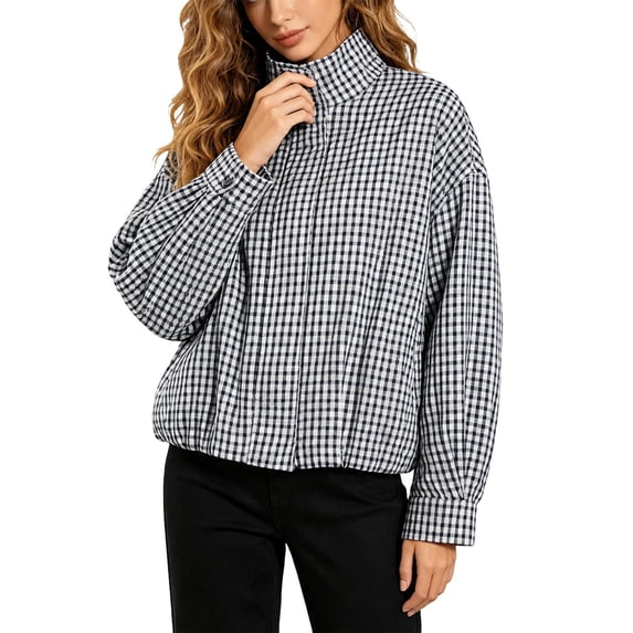 Women Oversized Gingham Jacket Zip Up Stand Collar Casual Coat Spring Fall Clothes (Navy S)