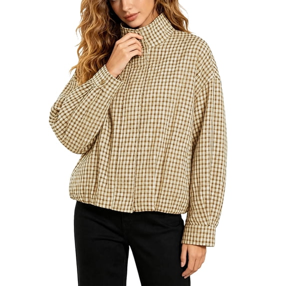 Women Oversized Gingham Jacket Zip Up Stand Collar Casual Coat Spring Fall Clothes (Yellow L)