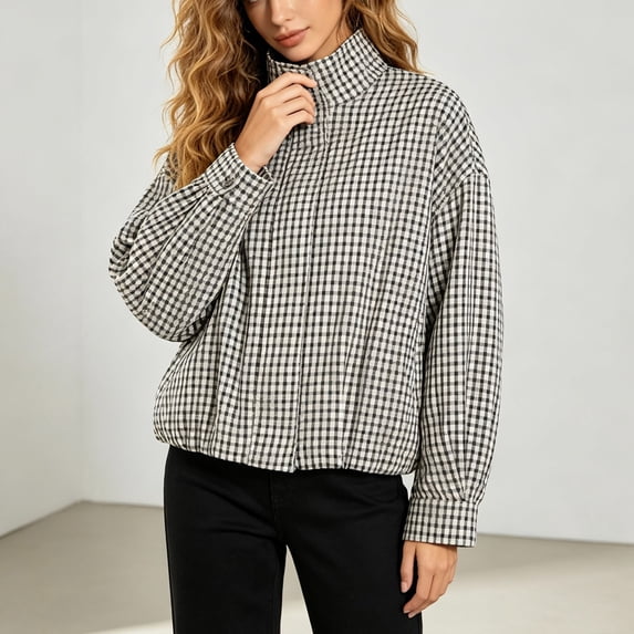 Women Oversized Gingham Jacket Zip Up Stand Collar Casual Coat Spring Fall (White L)