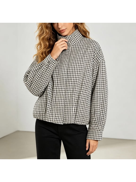 Women Oversized Gingham Jacket Zip Up Stand Collar Casual Coat Spring Fall (White L)