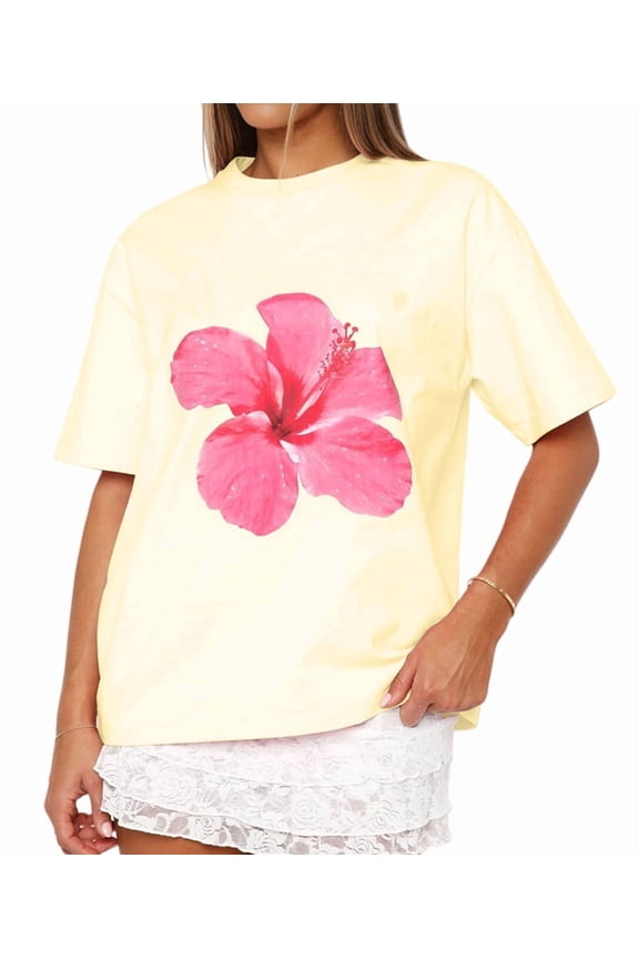 Women Oversized Graphic T Shirt Y2k Short Sleeve Crew Neck Drop Shoulder Loose Fit Tees Summer Preppy Aesthetic Yellow M