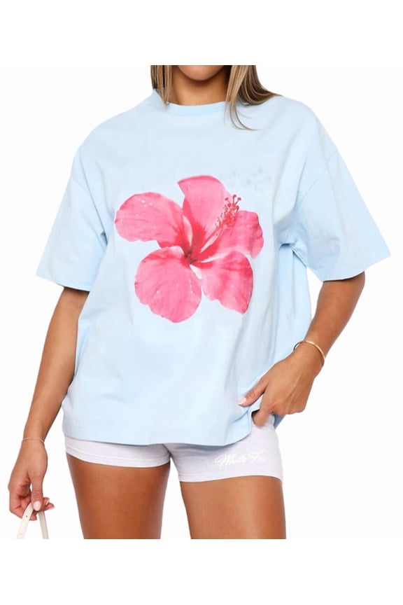 Women Oversized Graphic Y2k Short Sleeve Crew Neck Drop Shoulder Loose Fit Tees Summer Preppy Aesthetic M