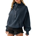 thumbnail image 1 of Women Oversized Half Zip Hoodie High Neck Drawstring Sweater Y2K Long Sleeve Pullover Casual Sweatshirt with Pockets, Grey Blue, 2XL, 1 of 7