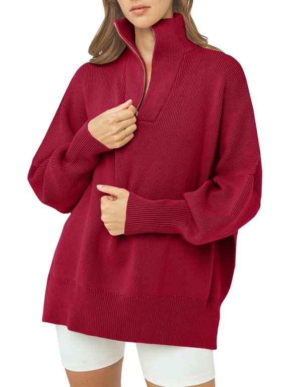 Women Oversized Half Zip Mock Neck Knit Sweater with Long Drop Shoulder Sleeves