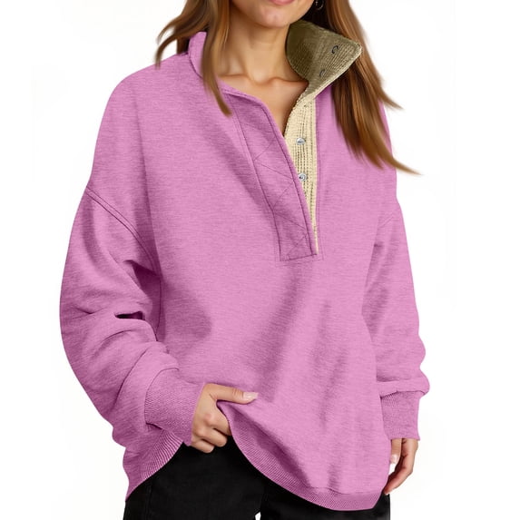 Women Oversized Henley Collared Sweatshirt with Button Placket Soft Thermal Long Sleeve Pullover for Daily Preppy Spring Fall Pink XL