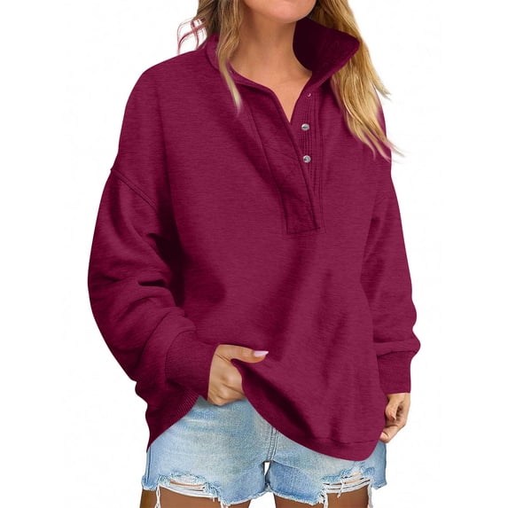 Women Oversized Henley Collared Sweatshirt with Button Placket Soft Thermal Long Sleeve Pullover for Daily Preppy Spring Fall Wine S