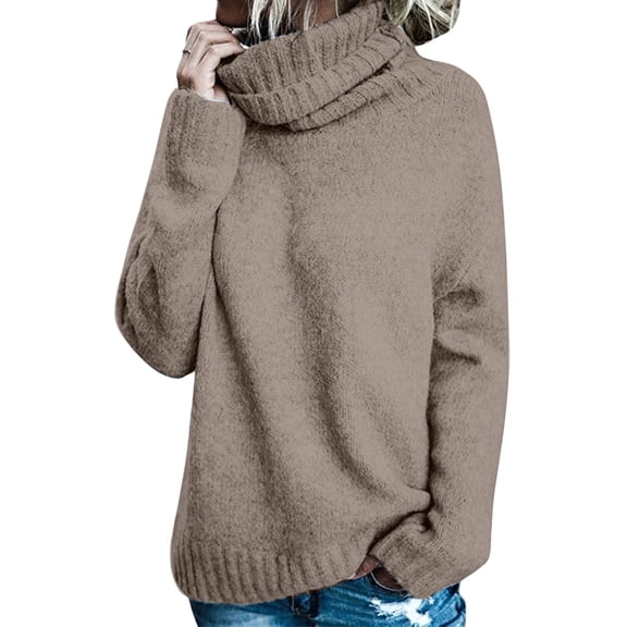 Women Oversized High Neck Pullover Sweater Cable Knit Long Sleeve Sweater Tops Brown L