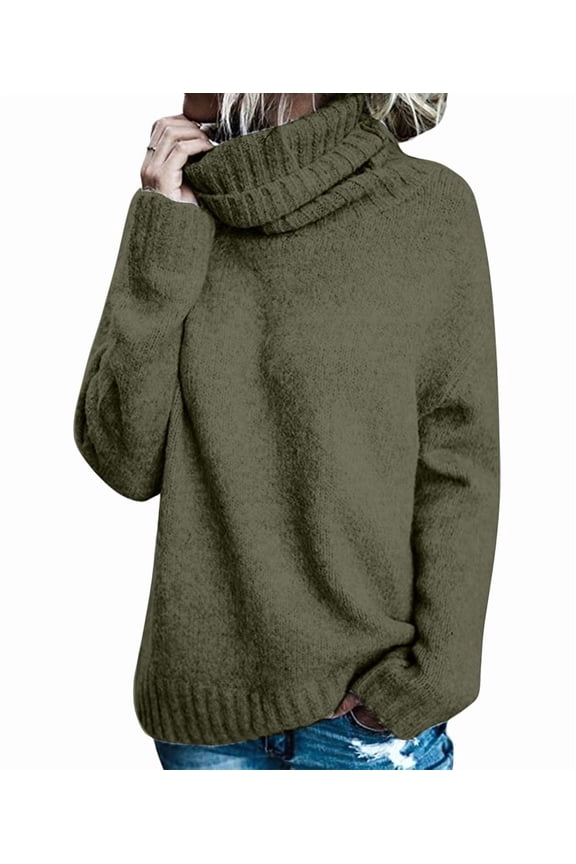 Women Oversized High Neck Pullover Sweater Cable Knit Long Sleeve Sweater Tops Green L