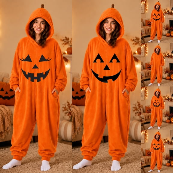 Women Oversized Hooded Pumpkin One Piece Pajamas Warm Flannel Fabric Side Pockets Halloween Party Costumes Yellow M