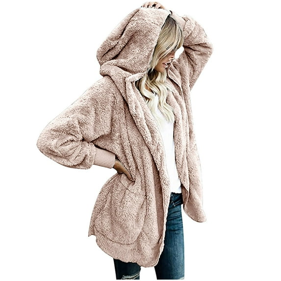 Women Oversized Hooded Sherpa Cardigan Fuzzy Fleece Jacket Winter Open Front Cardigans Outerwear With Pockets