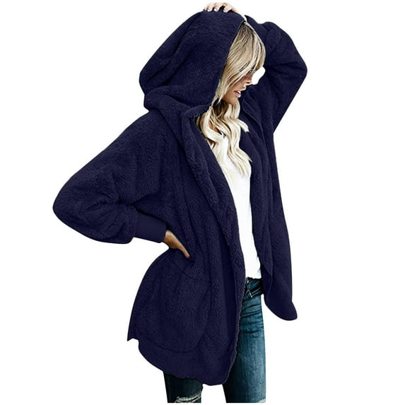 Women Oversized Hooded Sherpa Cardigan Fuzzy Fleece Jacket Winter Open Front Cardigans Outerwear With Pockets