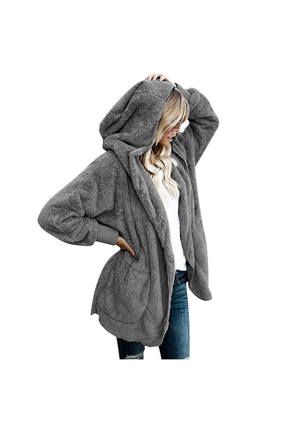Women Oversized Hooded Sherpa Cardigan Fuzzy Fleece Jacket Winter Open Front Cardigans Outerwear With Pockets