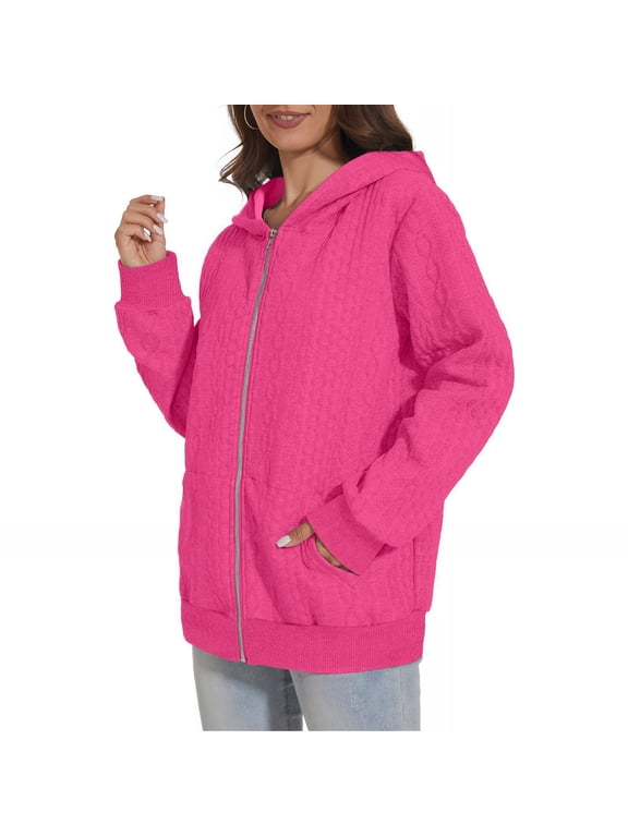 Women Oversized Hooded Zip Up Cardigan Sweatshirts Long Sleeve Hoodie Casual Lightweight Sweater Fashion Jacket, Rose Pink, 2XL
