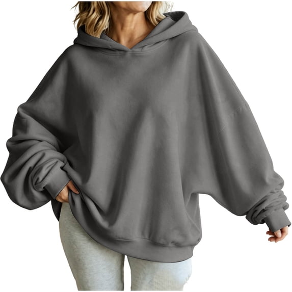 Women Oversized Hoodie Long Sleeve Drop Shoulder Pullover Solid Color Loose Fit Casual Hooded Sweatshirt