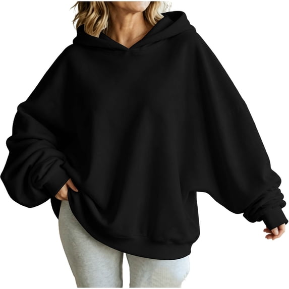 Women Oversized Hoodie Long Sleeve Drop Shoulder Pullover Solid Color Loose Fit Casual Hooded Sweatshirt