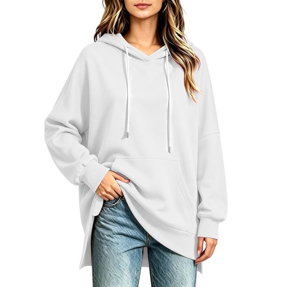 Women Oversized Hoodie Sweatshirt Side Slit Soft Fleece Pullover with Pocket Loose Fitting Casual Fall Tunic Tops White S