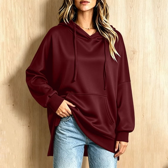 Women Oversized Hoodie Sweatshirt Side Slit Soft Fleece Pullover with Pocket Loose Fitting Casual Fall Tunic Tops Wine XL