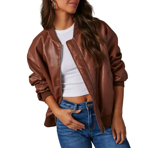 Women Oversized Leather Jackets Faux Suede Fall Fashion Motorcycle Coats Winter Outfits Clothes Y2k Tops Brown XL