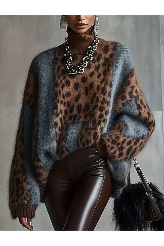 Women Oversized Leopard Print Colorblock Knit Sweater with Ribbed Turtleneck and Drop Shoulders