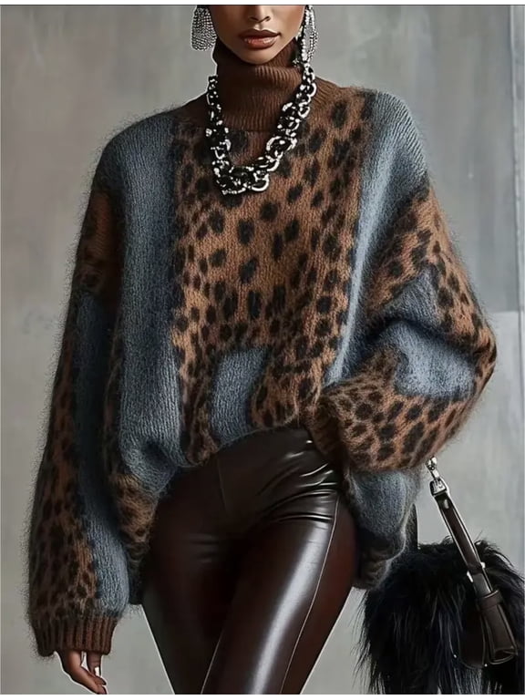 Women Oversized Leopard Print Colorblock Knit Sweater with Ribbed Turtleneck and Drop Shoulders