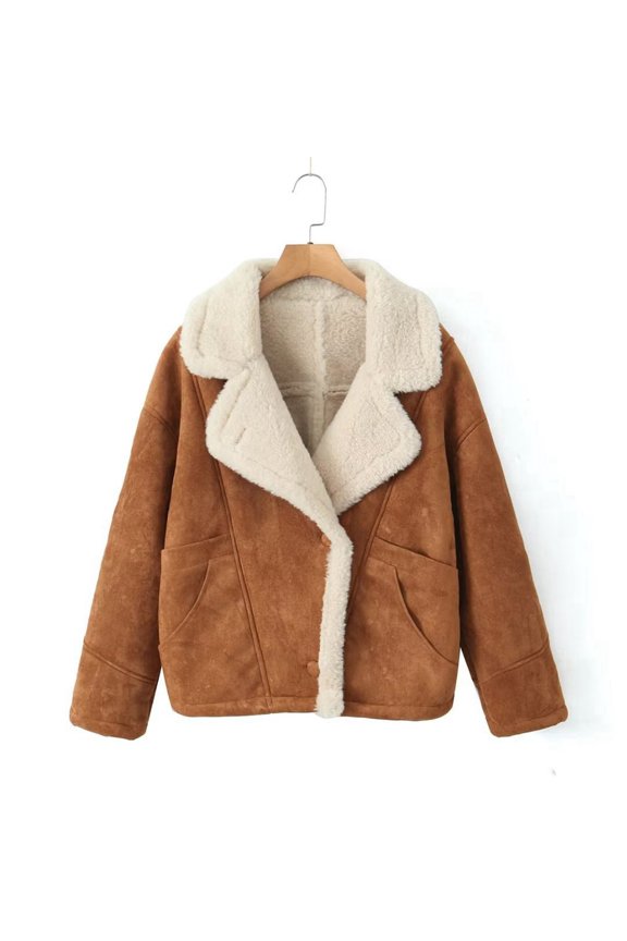 Women Oversized -Lined Leather Faux Suede Fleece Coat Winter Biker Aviators Jacket Overcoat Caramel Color S