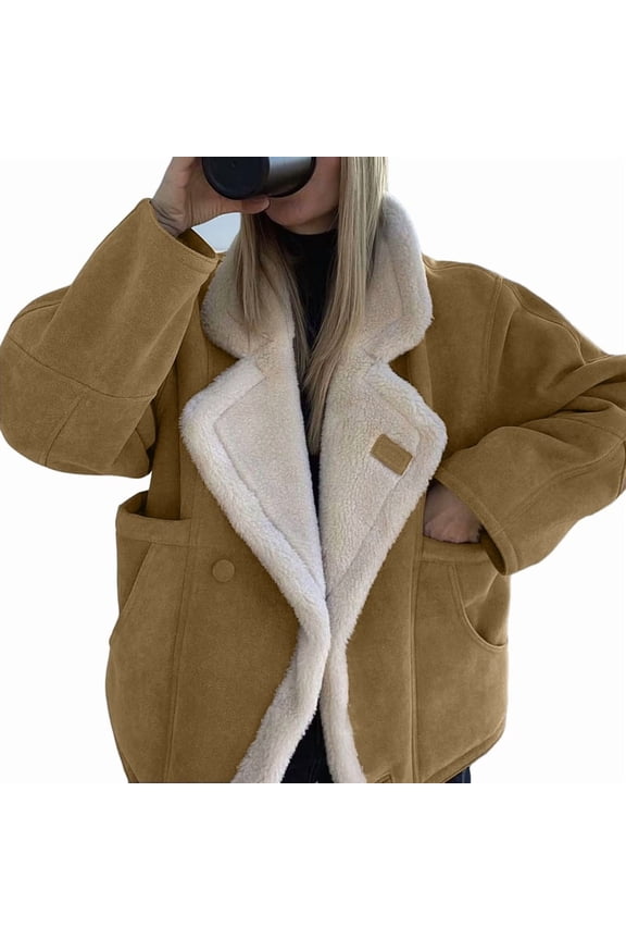 Women Oversized -Lined Leather Faux Suede Fleece Coat Winter Biker Aviators Jacket Overcoat Khaki M
