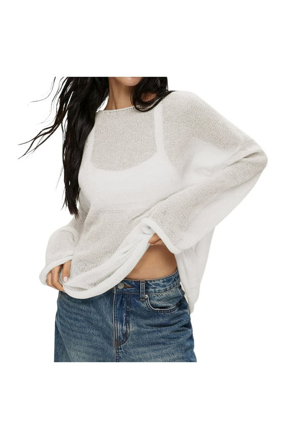 Women Oversized Long Sleeve Sheer Mesh Knit Sweater Tops Summer Loose Hollow Out Pullover Shirt Beach